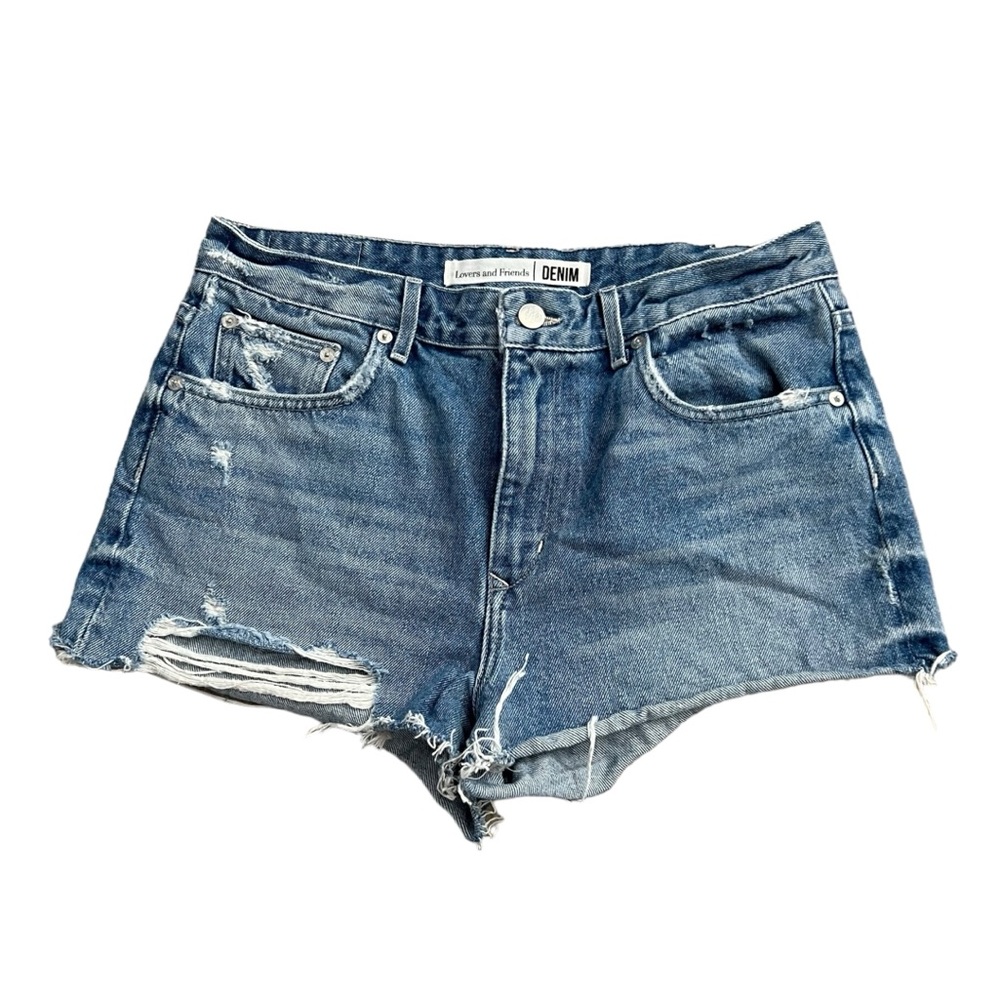 Lovers + Friends Jack High Rise Denim Cut Off Shorts Blue Granite Wash